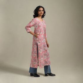 Pink - cotton straight sanganeri kurta - handcrafted