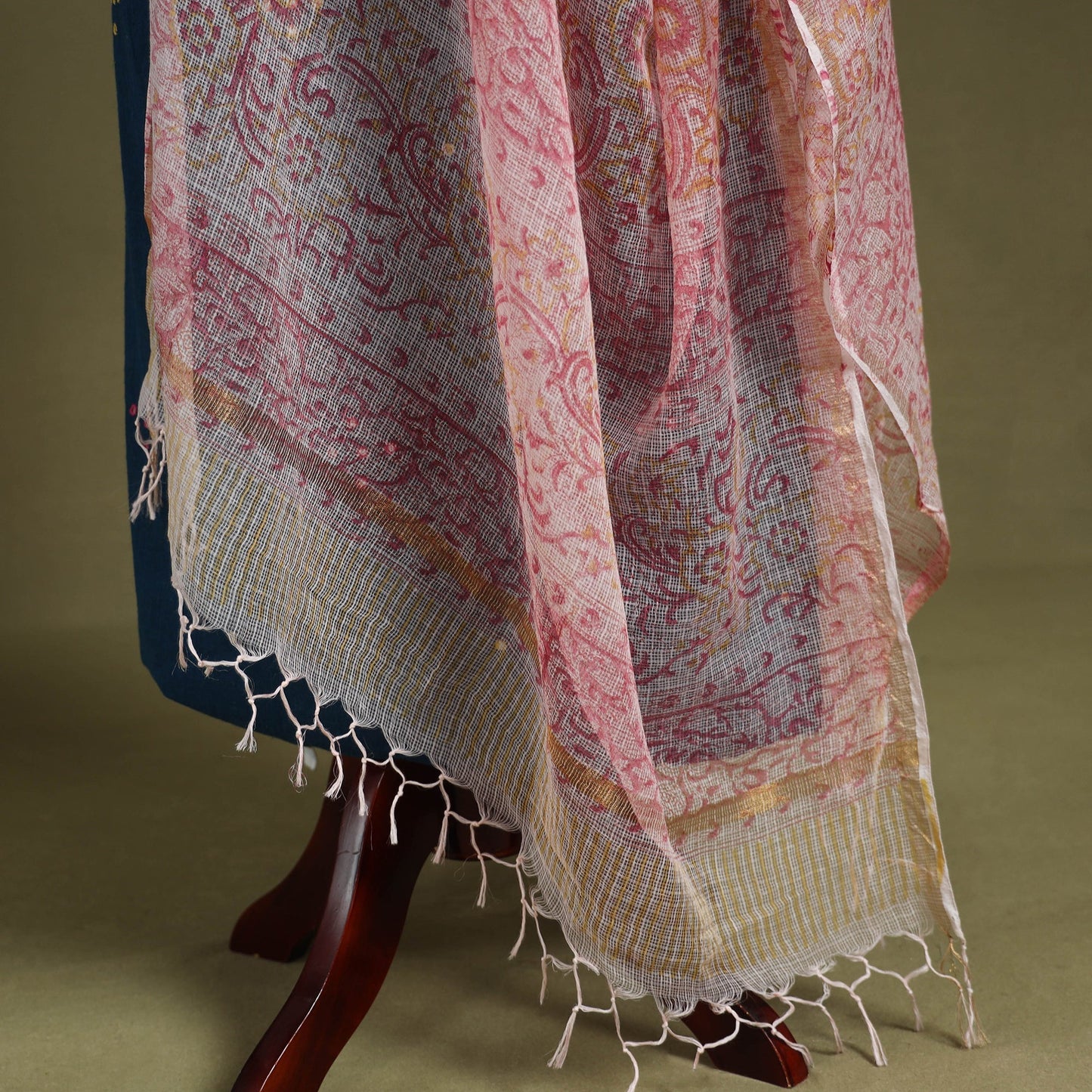 Pink Block Print Kota Doria Cotton Sanganeri Floral Dupatta 