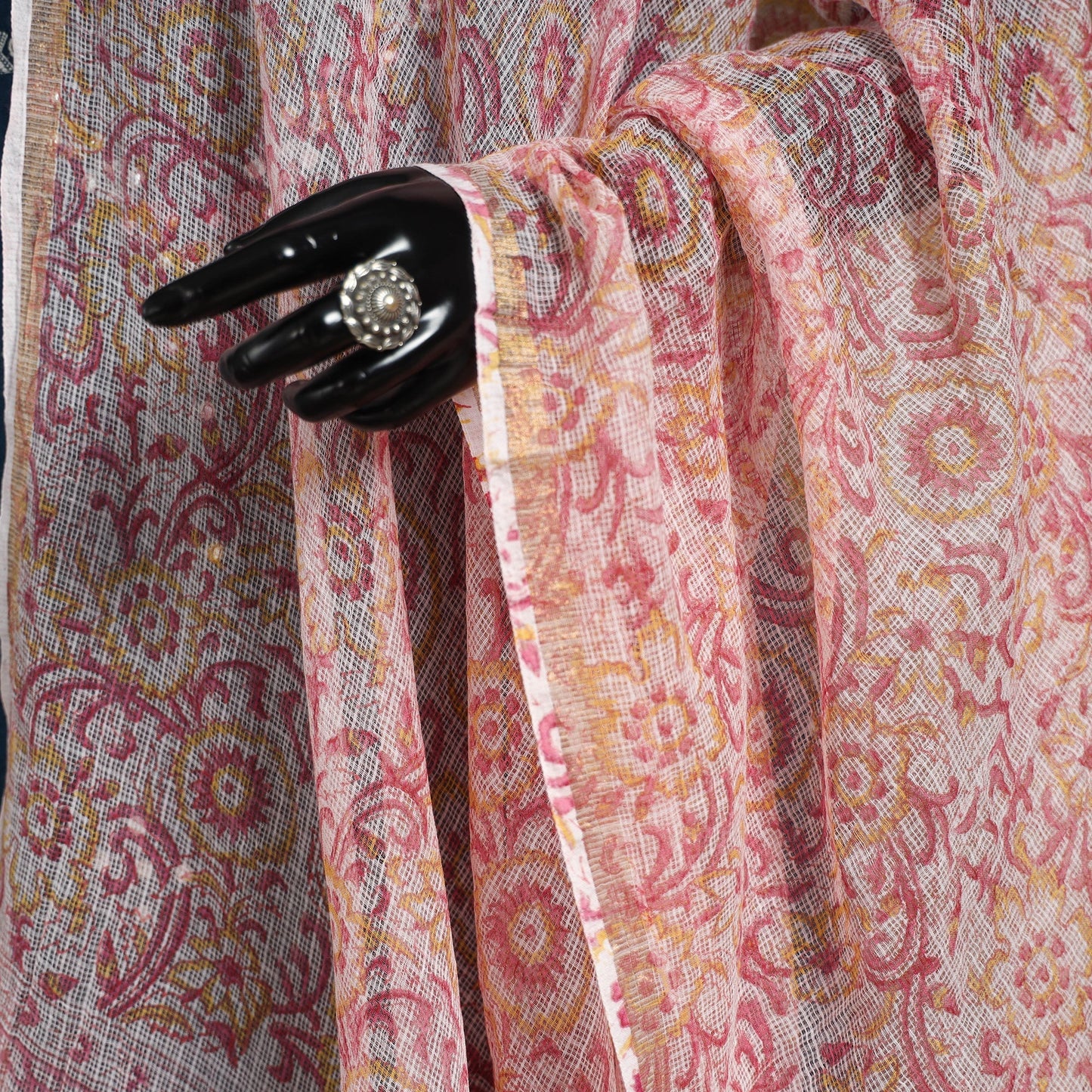 Pink Block Print Kota Doria Cotton Sanganeri Floral Dupatta 