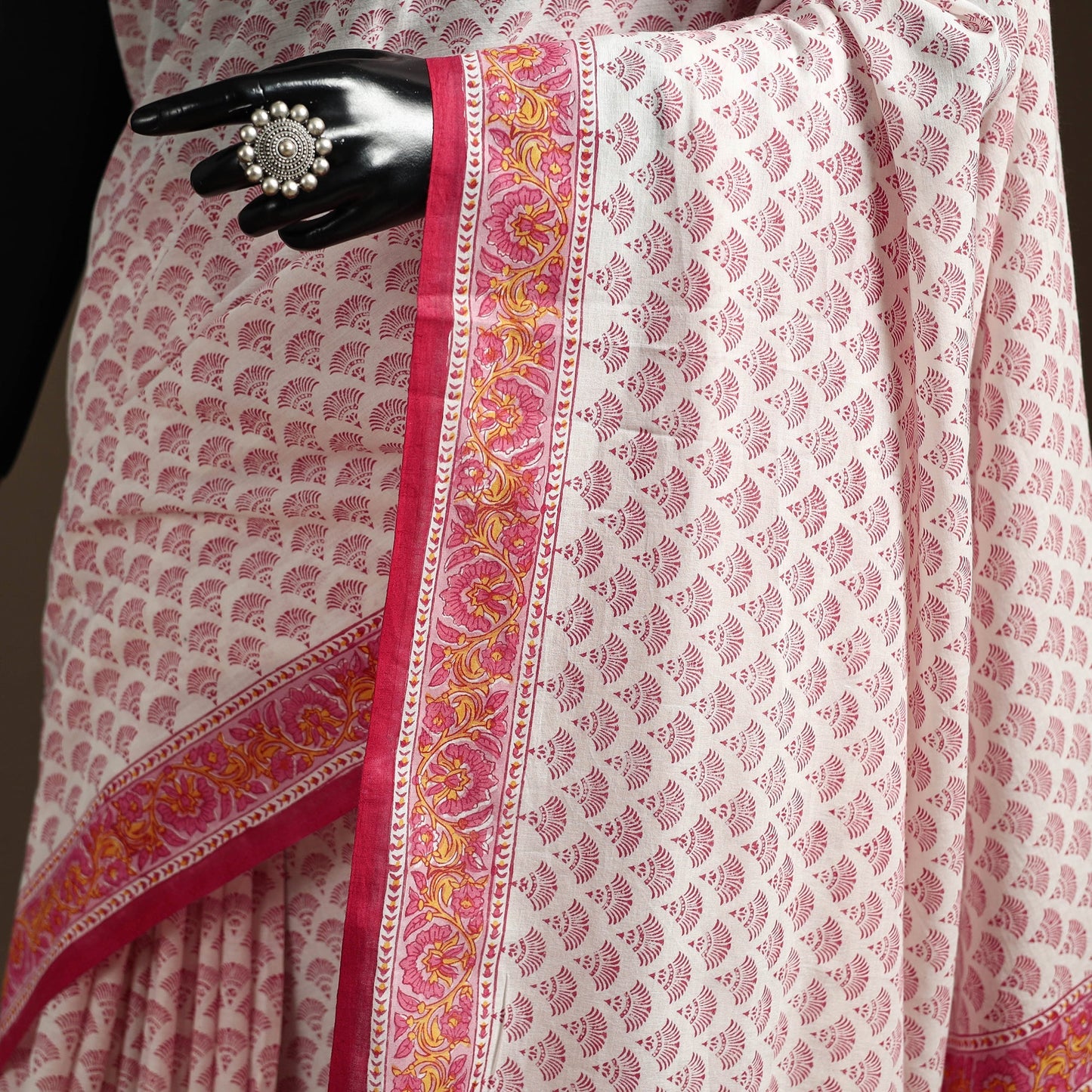 Pink - printed mul cotton sanganeri saree - handcrafted