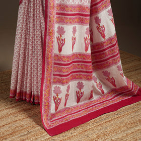 Pink - printed mul cotton sanganeri saree - handcrafted