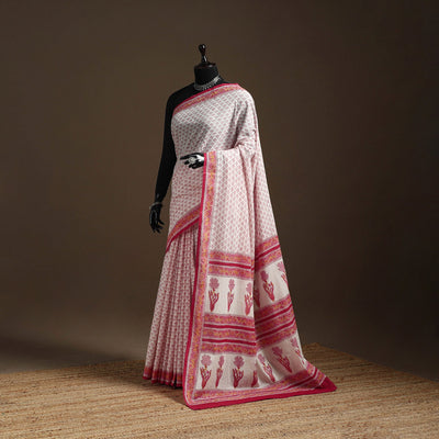 Pink - printed mul cotton sanganeri saree - handcrafted