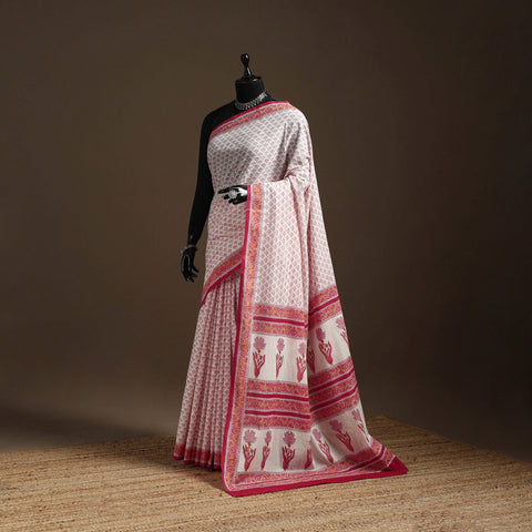 Pink - printed mul cotton sanganeri saree - handcrafted