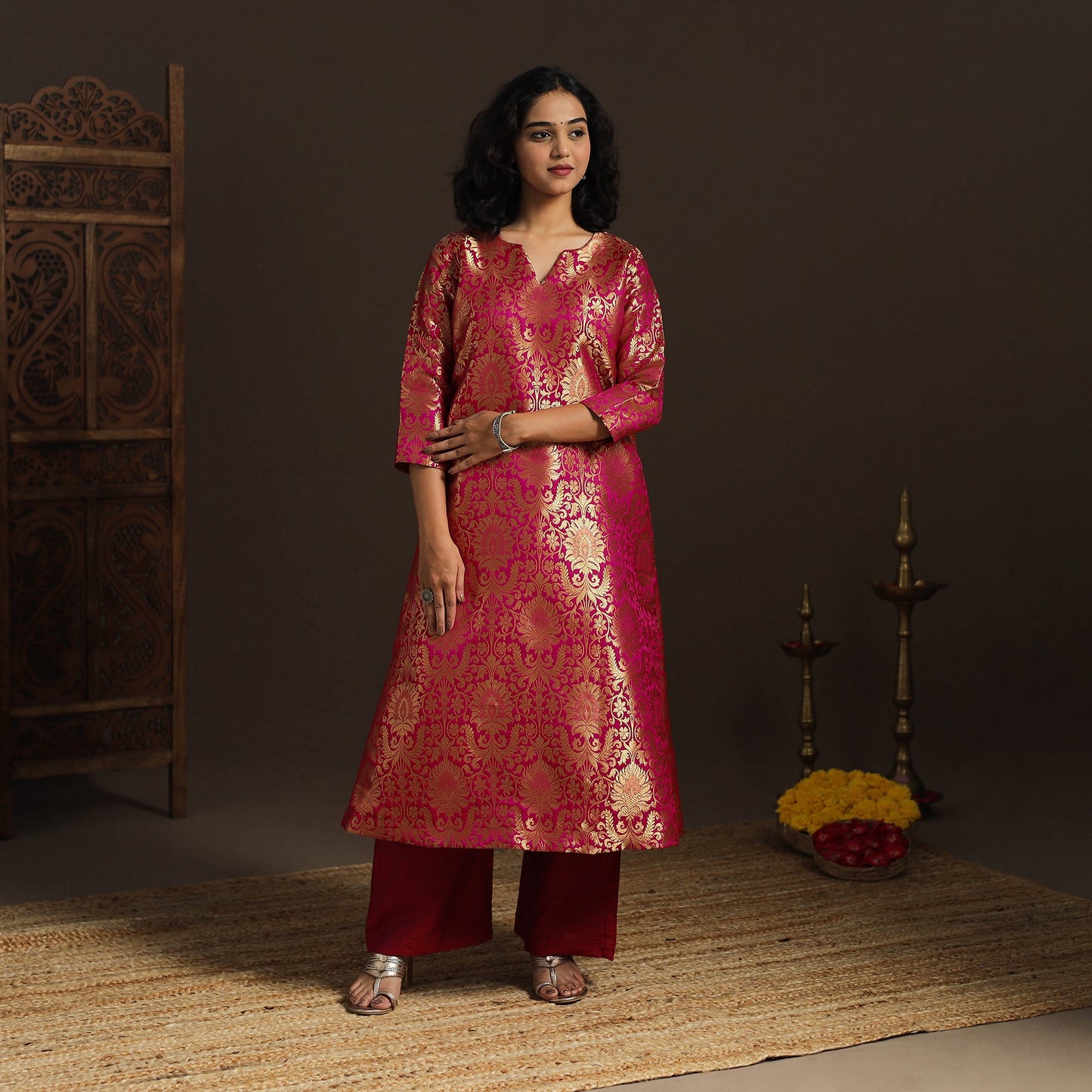 Pink - brocade silk a-line banarasi kurta 06 - handcrafted