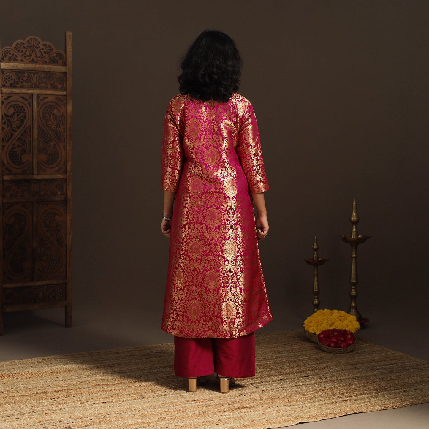 Pink - brocade silk a-line banarasi kurta 06 - handcrafted