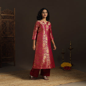 Pink - brocade silk a-line banarasi kurta 06 - handcrafted