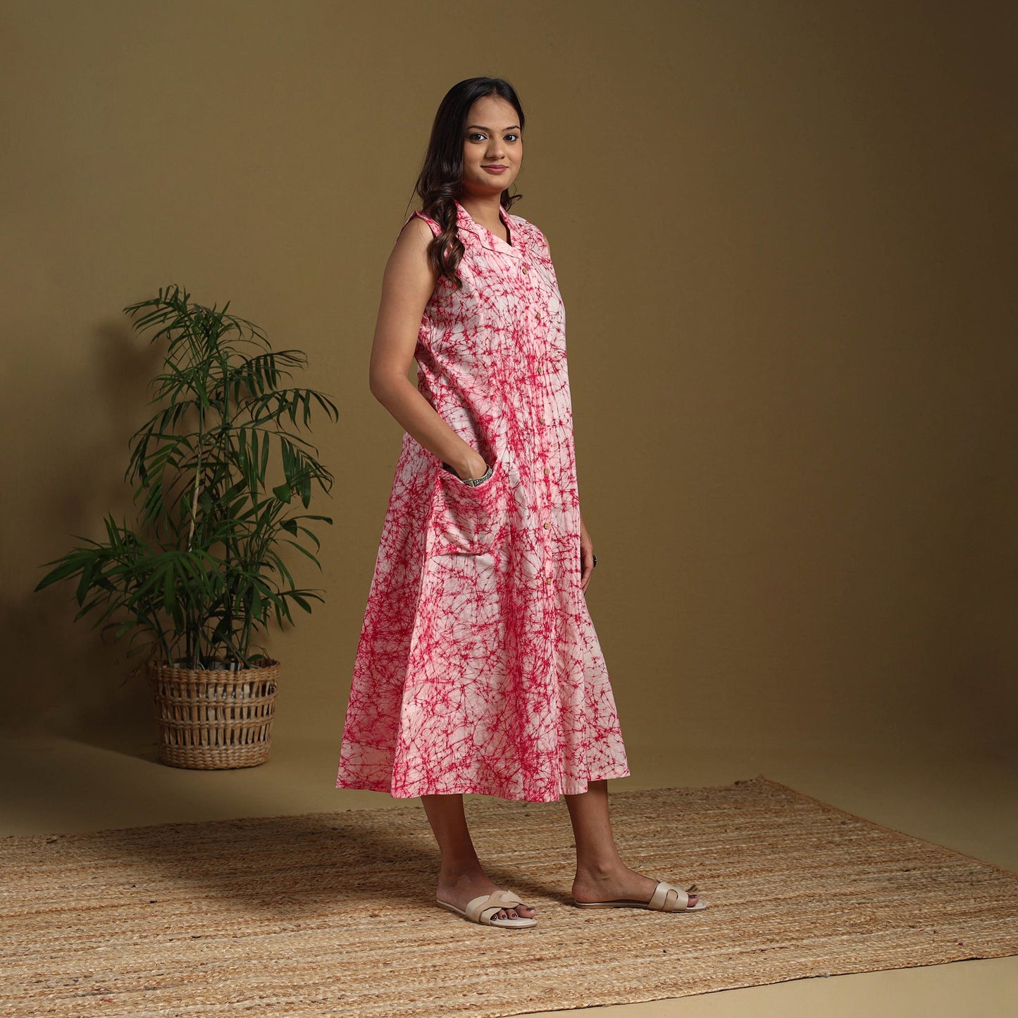Pink - button down cotton batik dress 03 - handcrafted