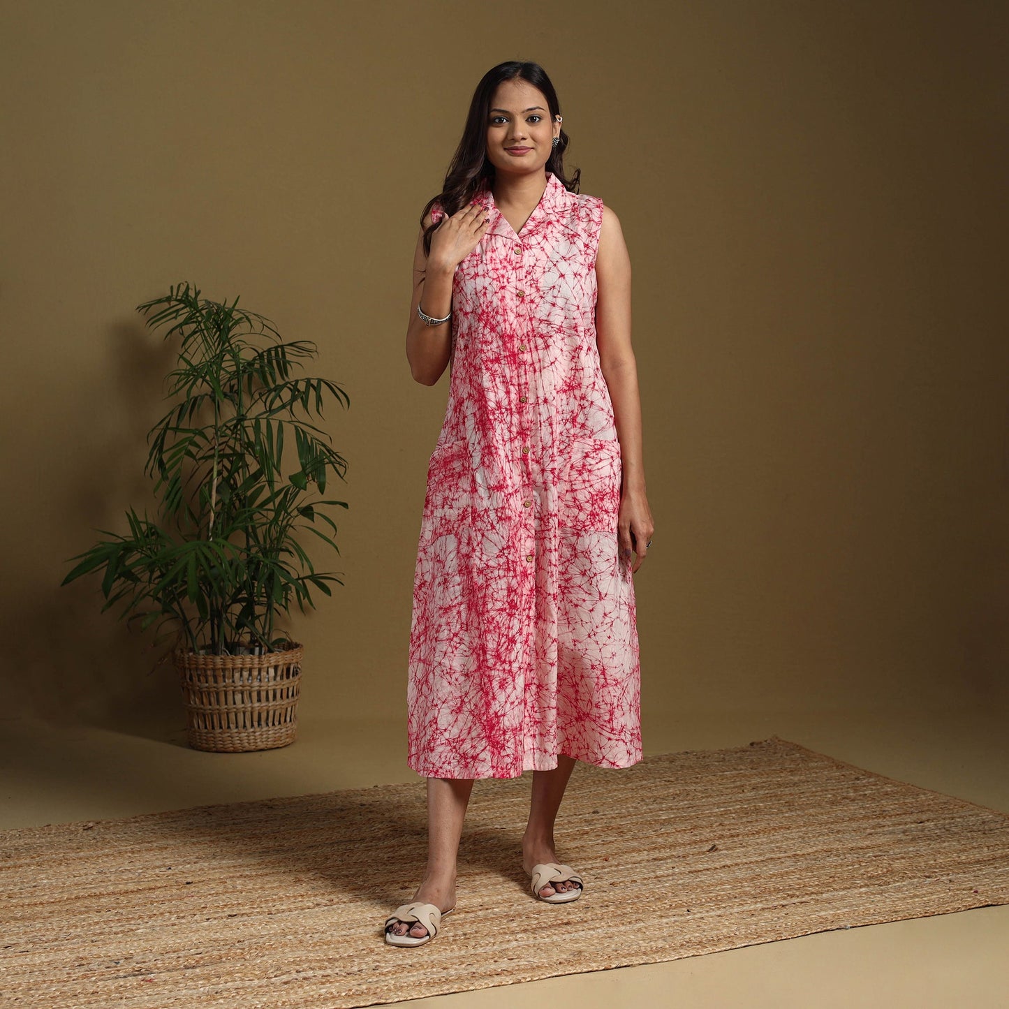 Pink - button down cotton batik dress 03 - handcrafted