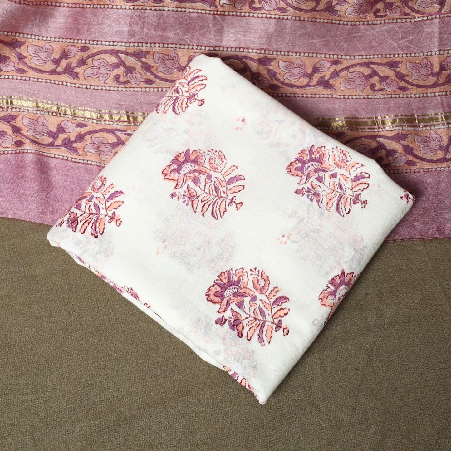 Chanderi silk hand block sanganeri print 3pc unstitched
