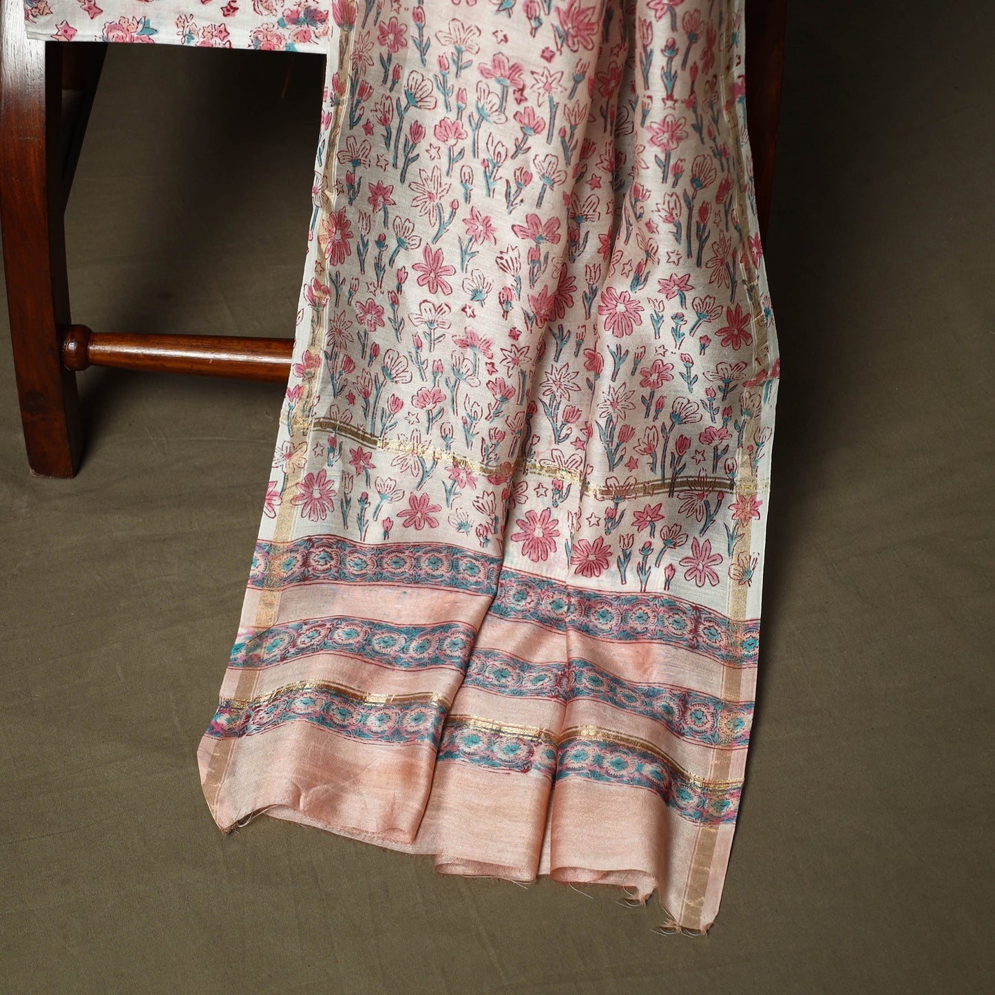 Chanderi silk hand block sanganeri print 3pc unstitched