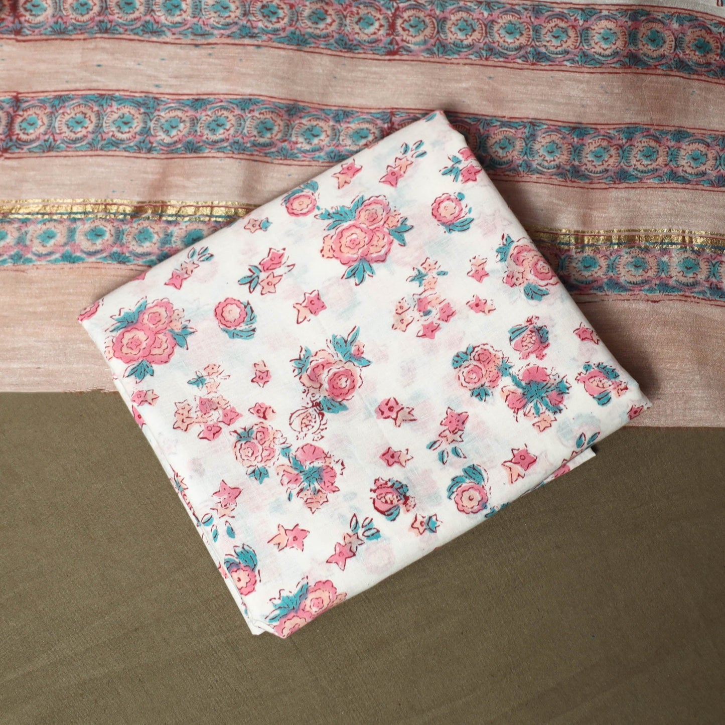 Chanderi silk hand block sanganeri print 3pc unstitched