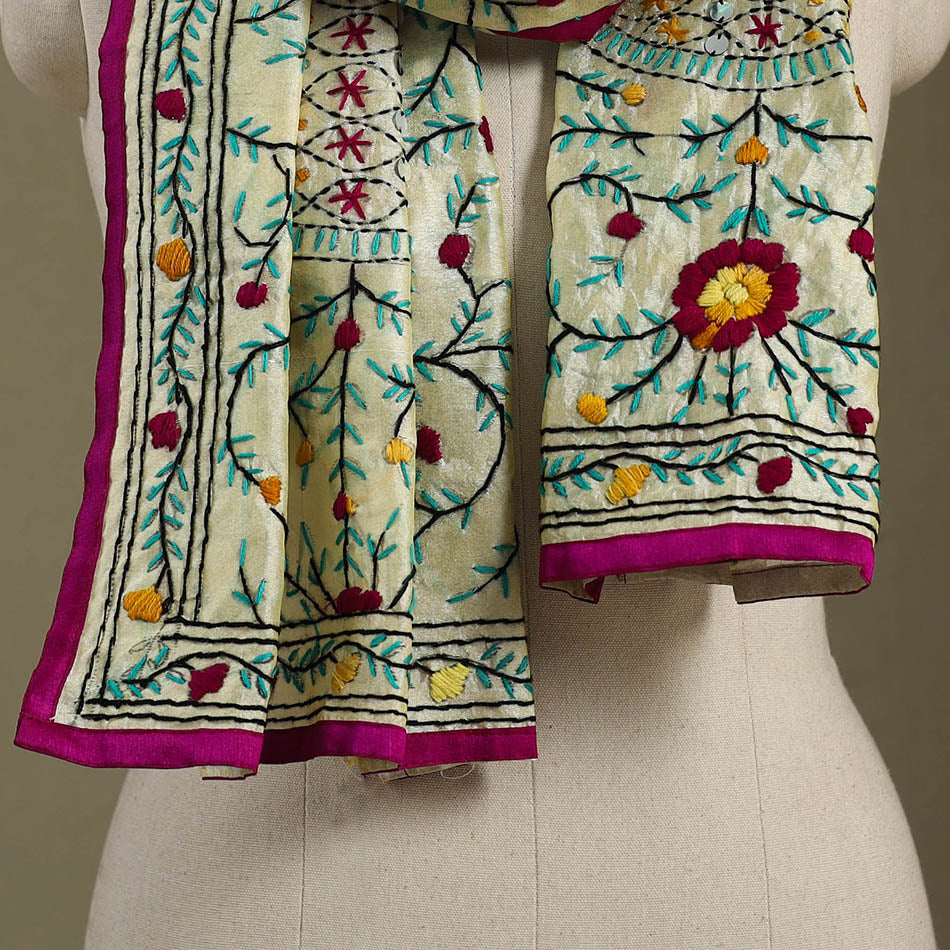 Pink Chanderi Silk Hand Embroidered Stole