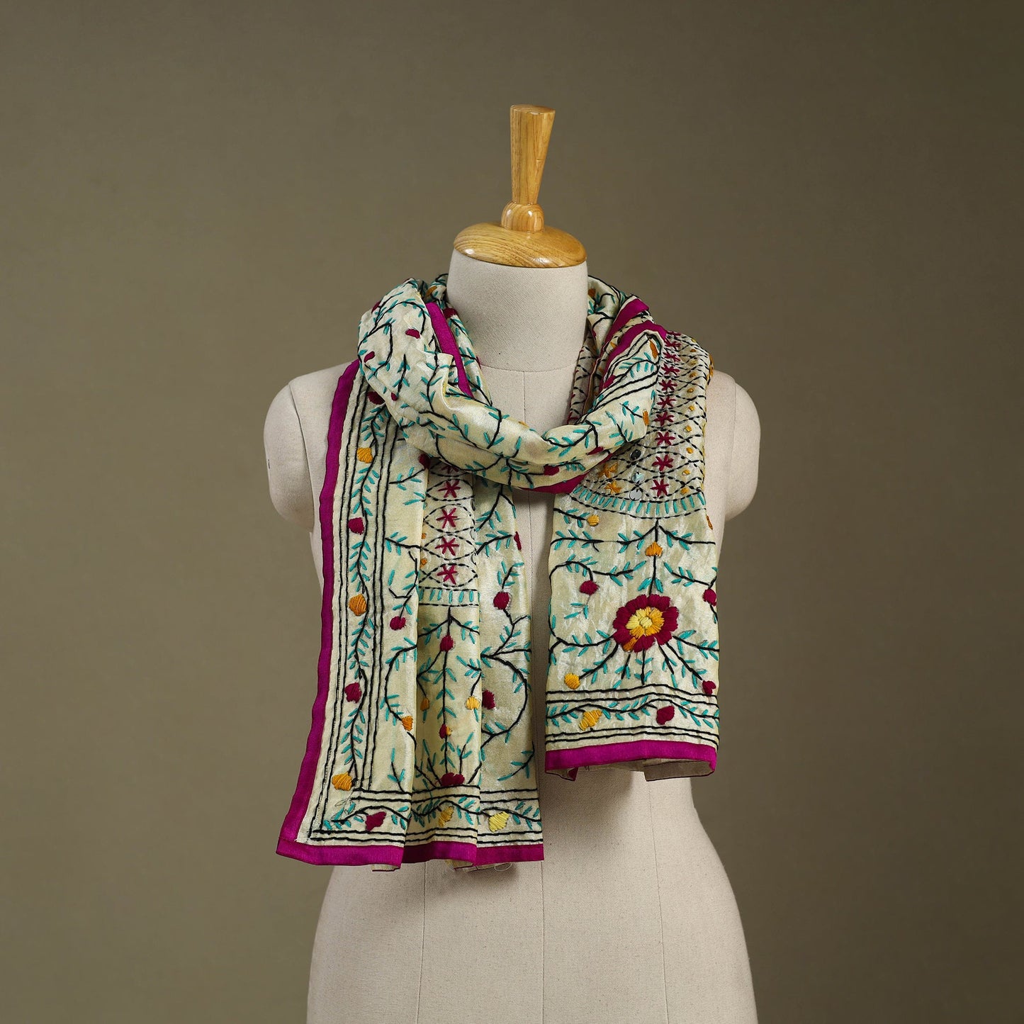 Pink Chanderi Silk Hand Embroidered Stole