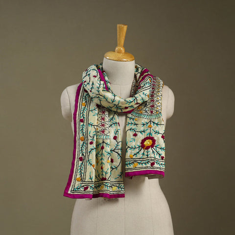 Pink Chanderi Silk Hand Embroidered Stole