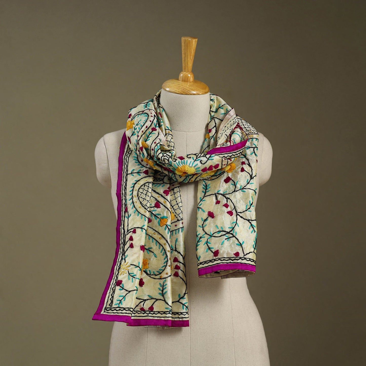 Pink Chanderi Silk Hand Embroidered Stole