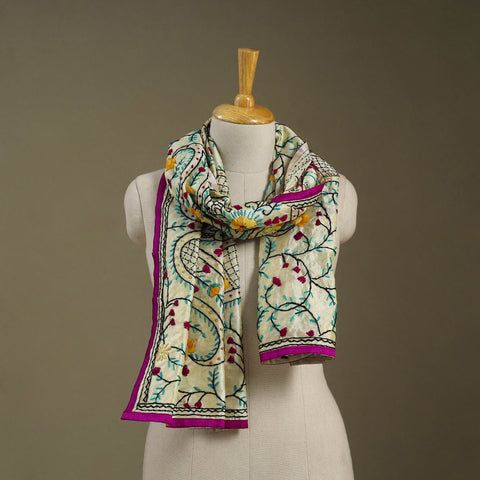 Pink Chanderi Silk Hand Embroidered Stole