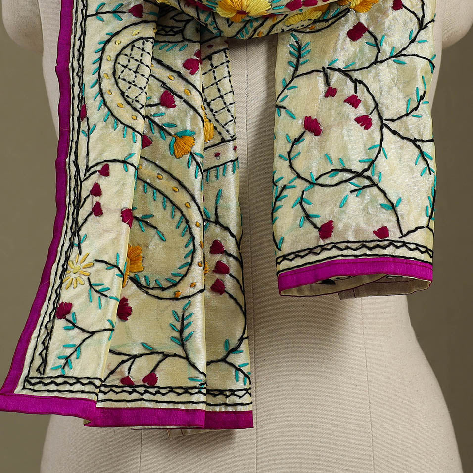 Pink Chanderi Silk Hand Embroidered Stole