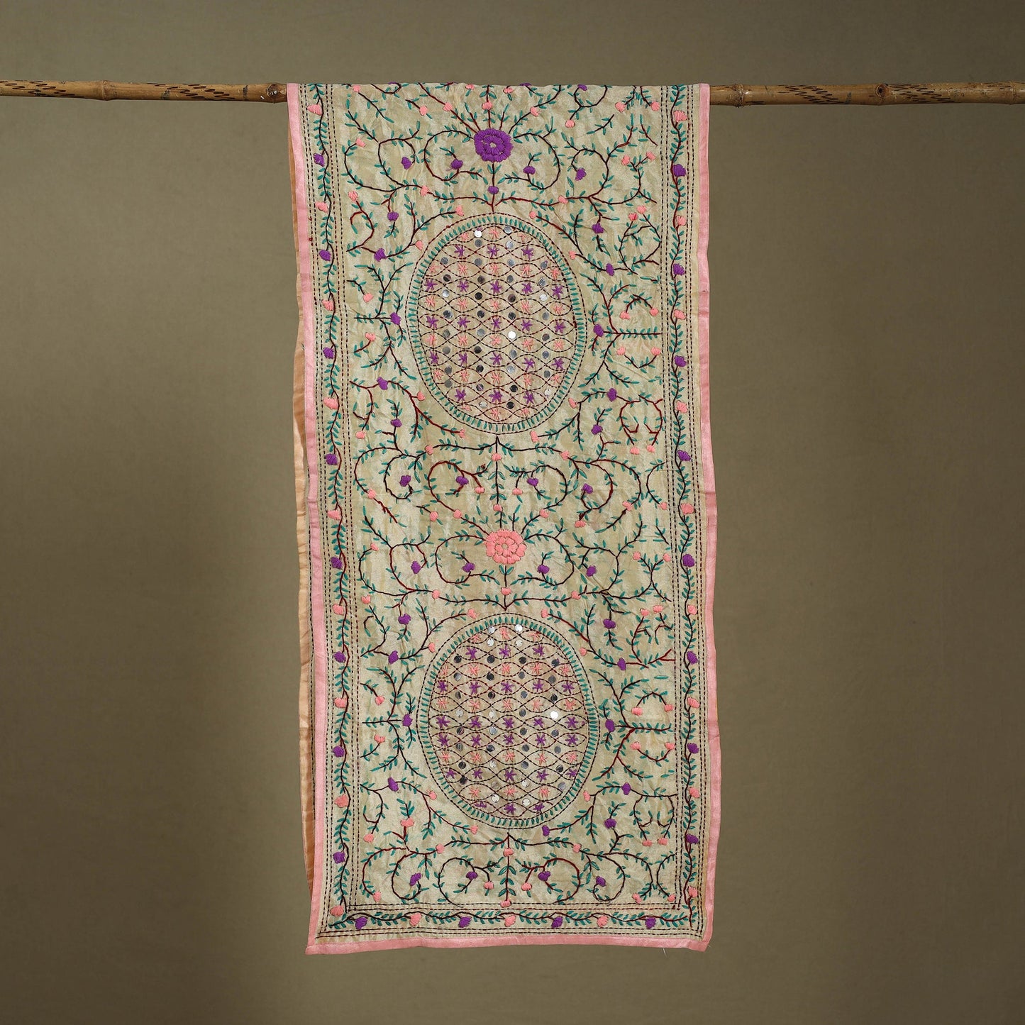 Pink Chanderi Silk Hand Embroidered Stole