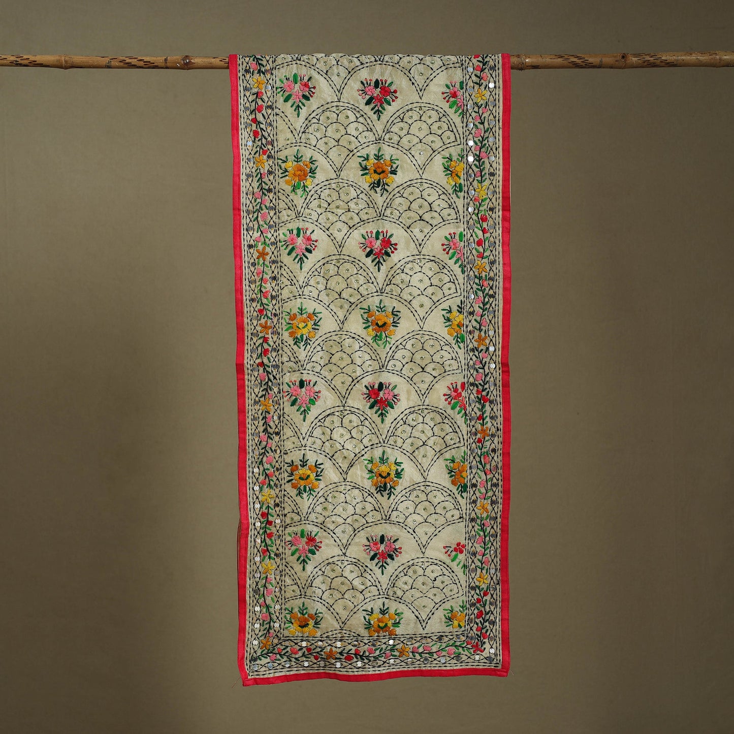 Pink - chanderi silk hand embroidered stole 55 - handcrafted