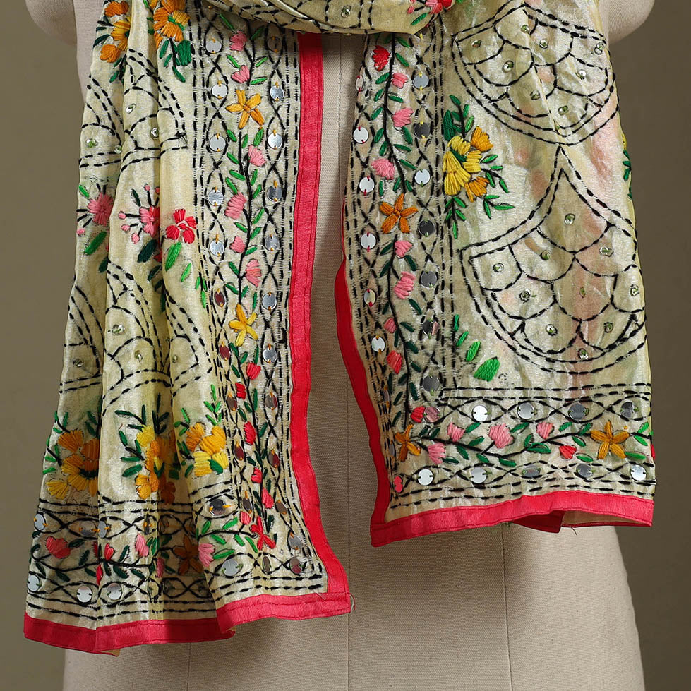 Pink - chanderi silk hand embroidered stole 55 - handcrafted