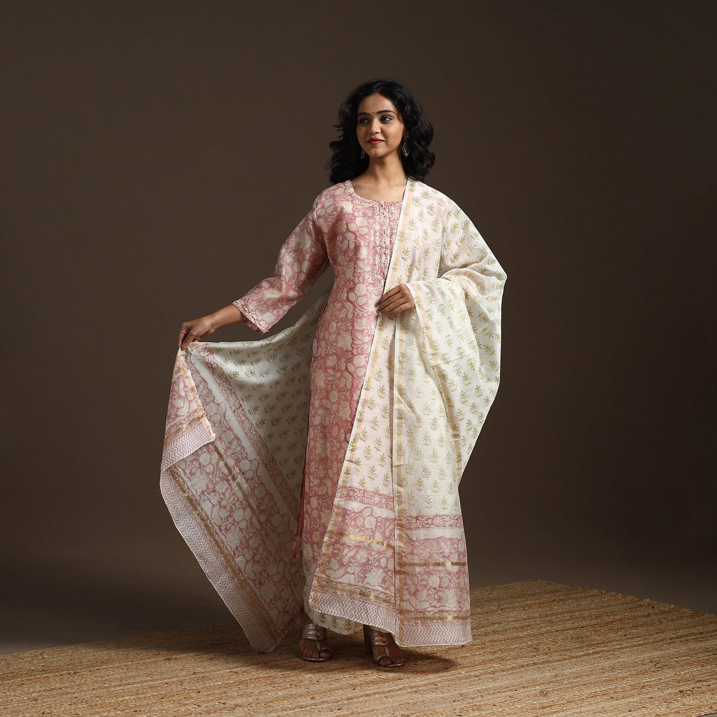 Pink - chanderi silk hand embroidery sanganeri suit set