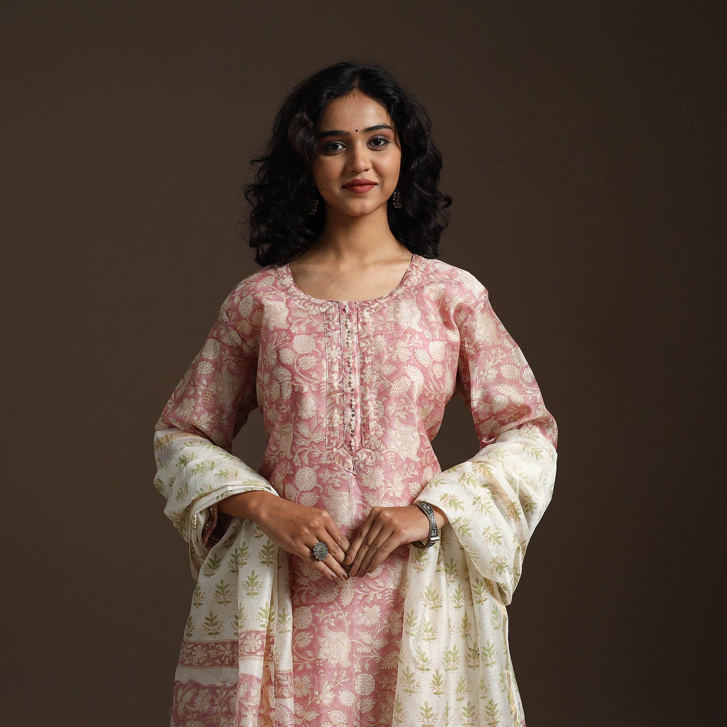 Pink - chanderi silk hand embroidery sanganeri suit set
