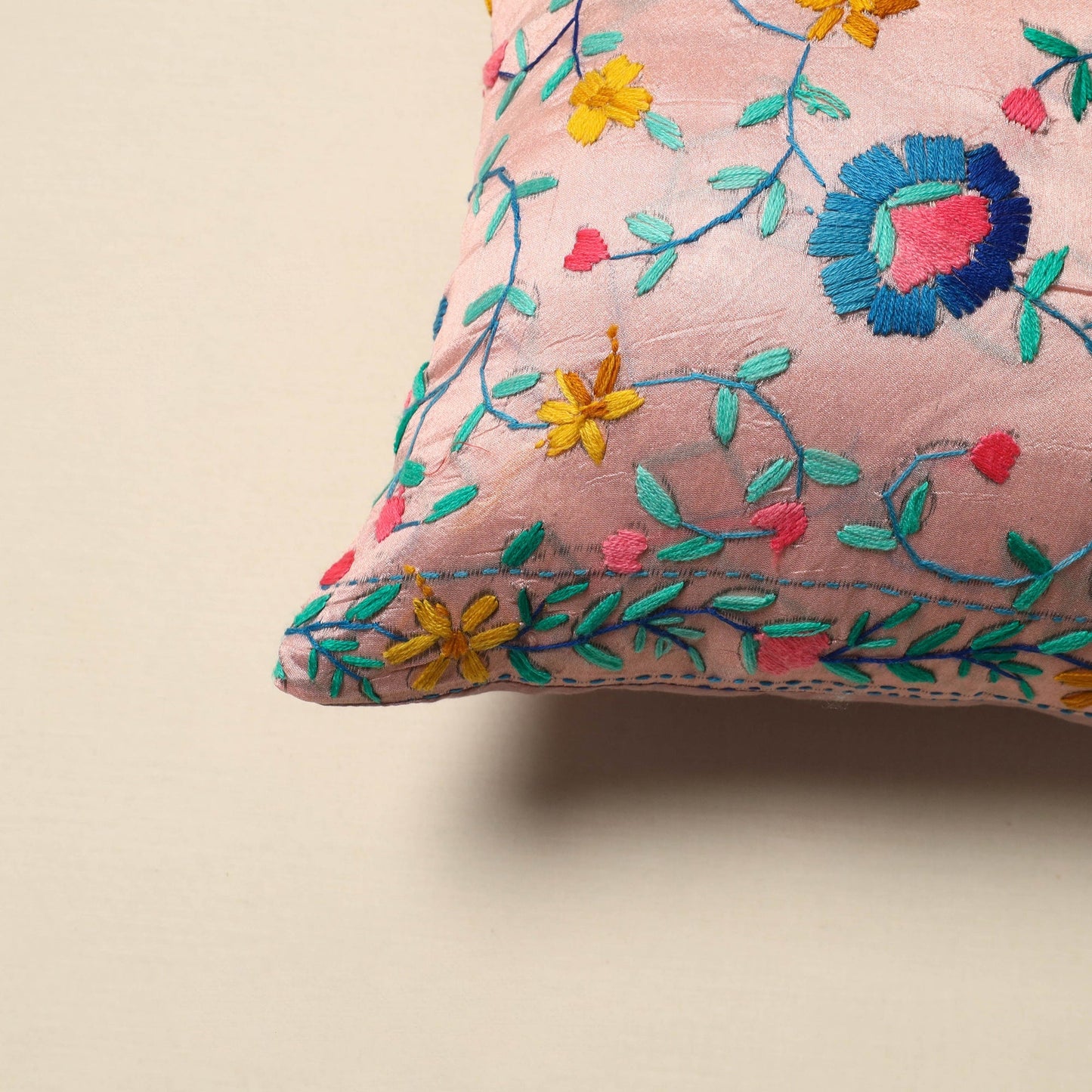 Chanderi silk hand embroidery cushion cover 04 - handcrafted