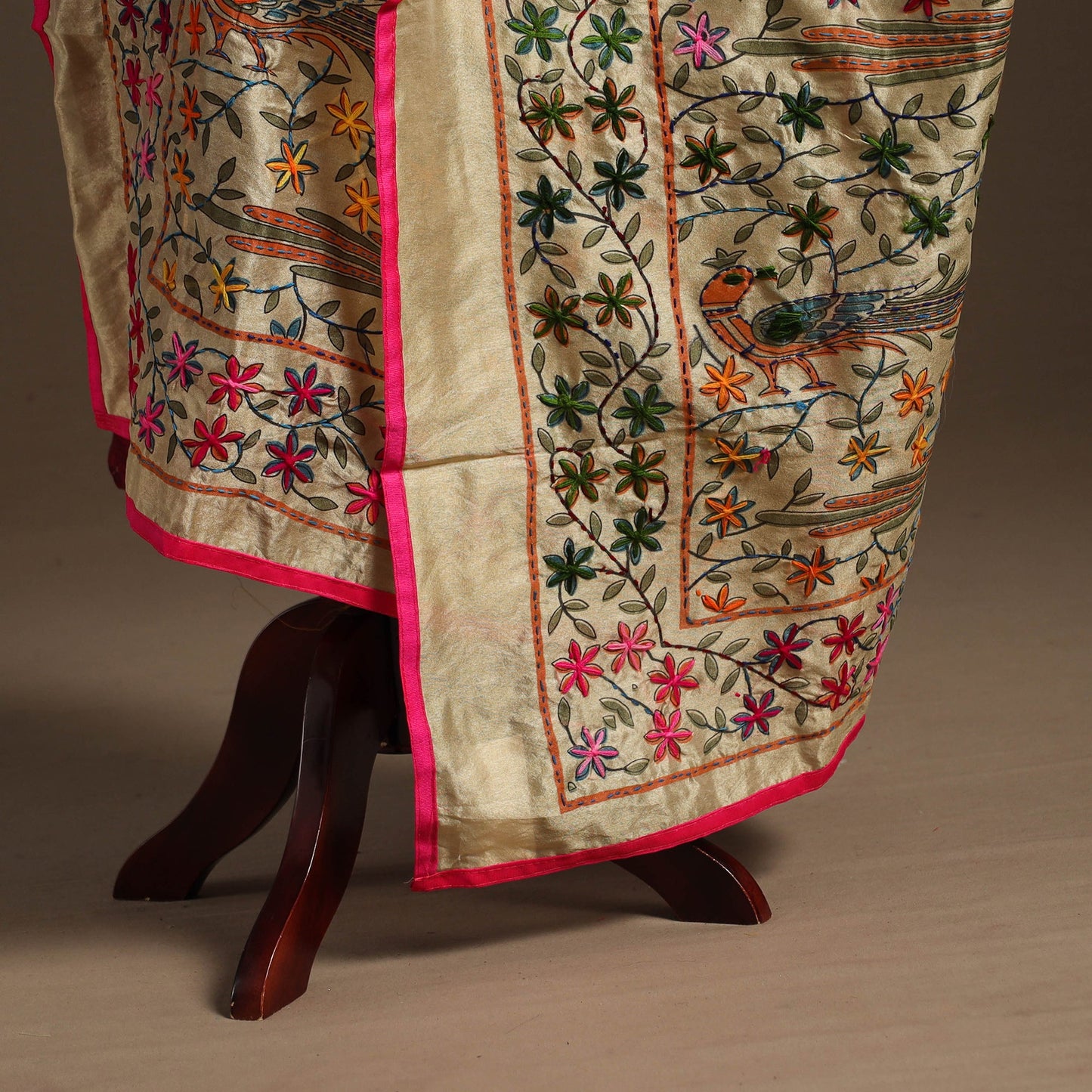 Pink - chanderi silk hand embroidery printed phulkari