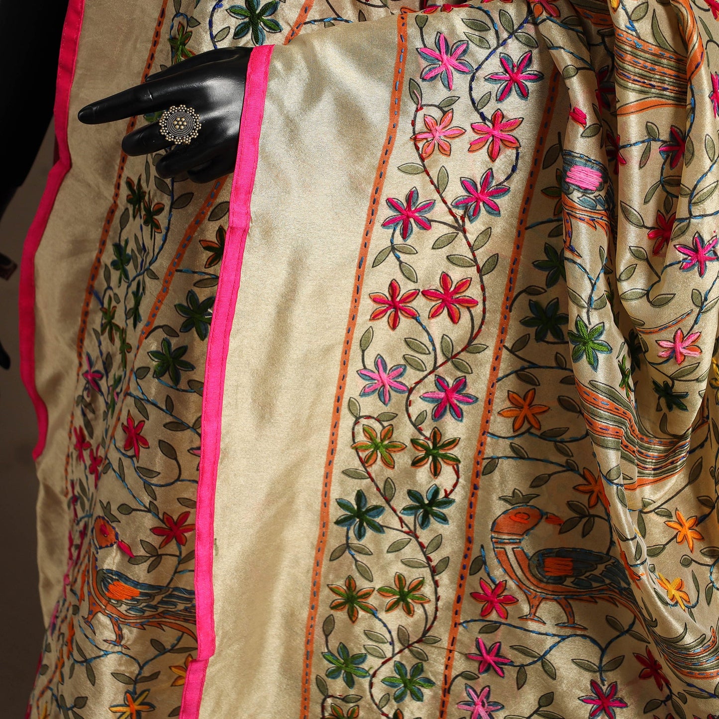 Pink - chanderi silk hand embroidery printed phulkari