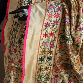 Pink - chanderi silk hand embroidery printed phulkari