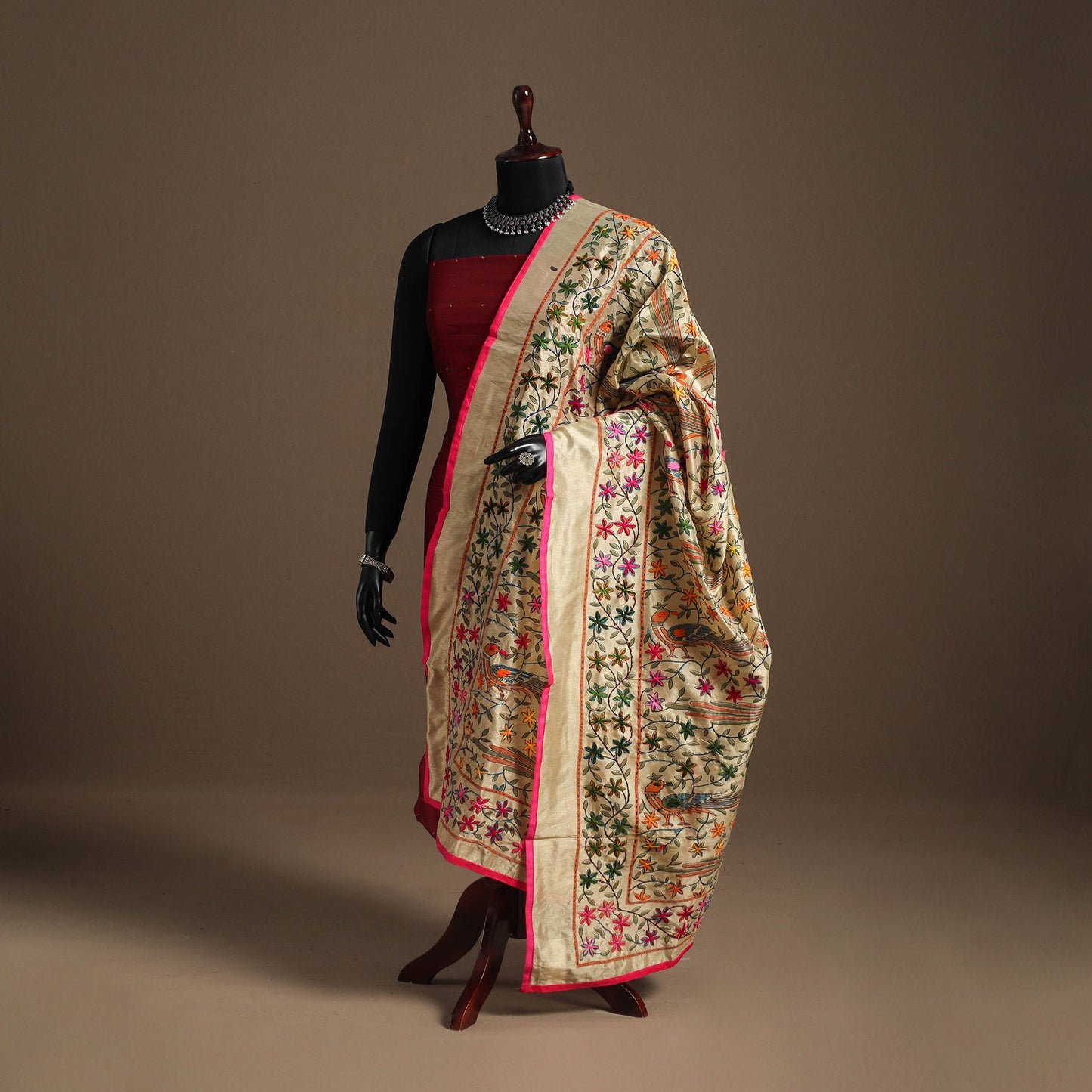 Pink - chanderi silk hand embroidery printed phulkari