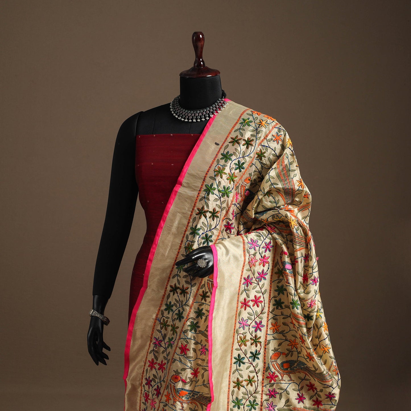 Pink - chanderi silk hand embroidery printed phulkari