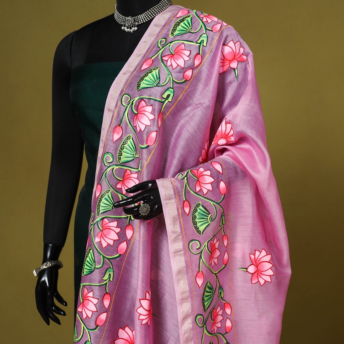 Pink - chanderi silk handpainted pichwai dupatta 08