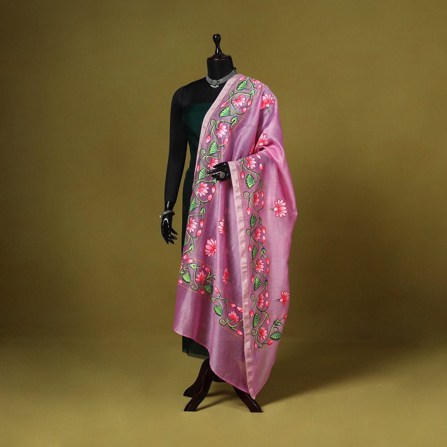 Pink - chanderi silk handpainted pichwai dupatta 08