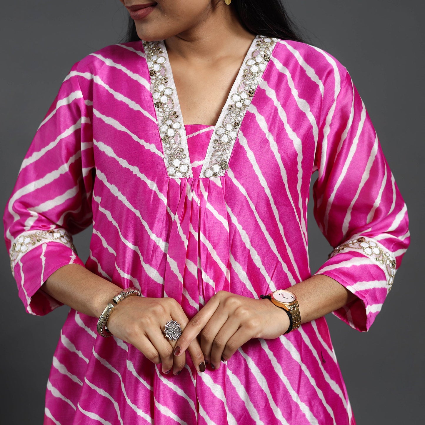 Pink Chanderi Silk A-Line Lacework Tie-Dye Leheriya Kurta for Women