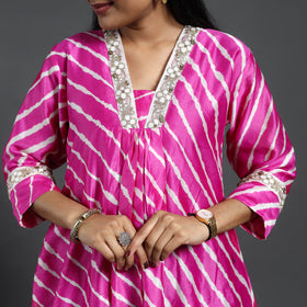 Pink Chanderi Silk A-Line Lacework Tie-Dye Leheriya Kurta for Women
