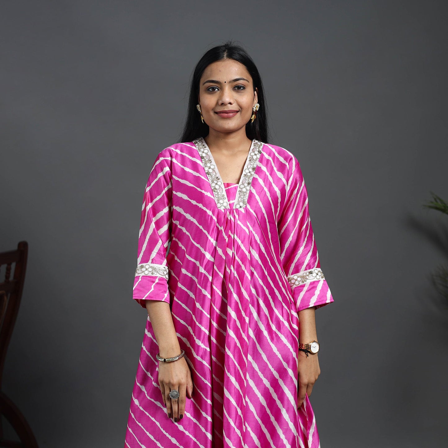 Pink Chanderi Silk A-Line Lacework Tie-Dye Leheriya Kurta for Women