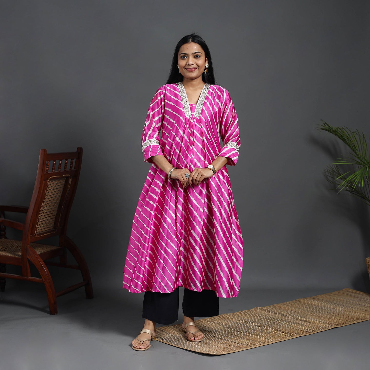 Pink Chanderi Silk A-Line Lacework Tie-Dye Leheriya Kurta for Women