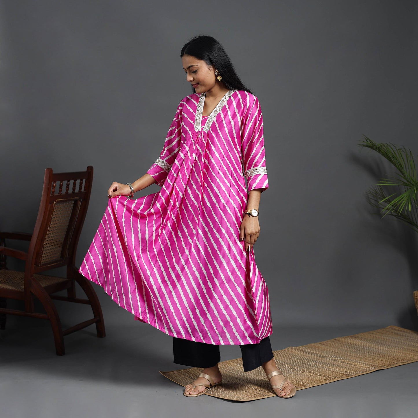 Pink Chanderi Silk A-Line Lacework Tie-Dye Leheriya Kurta for Women