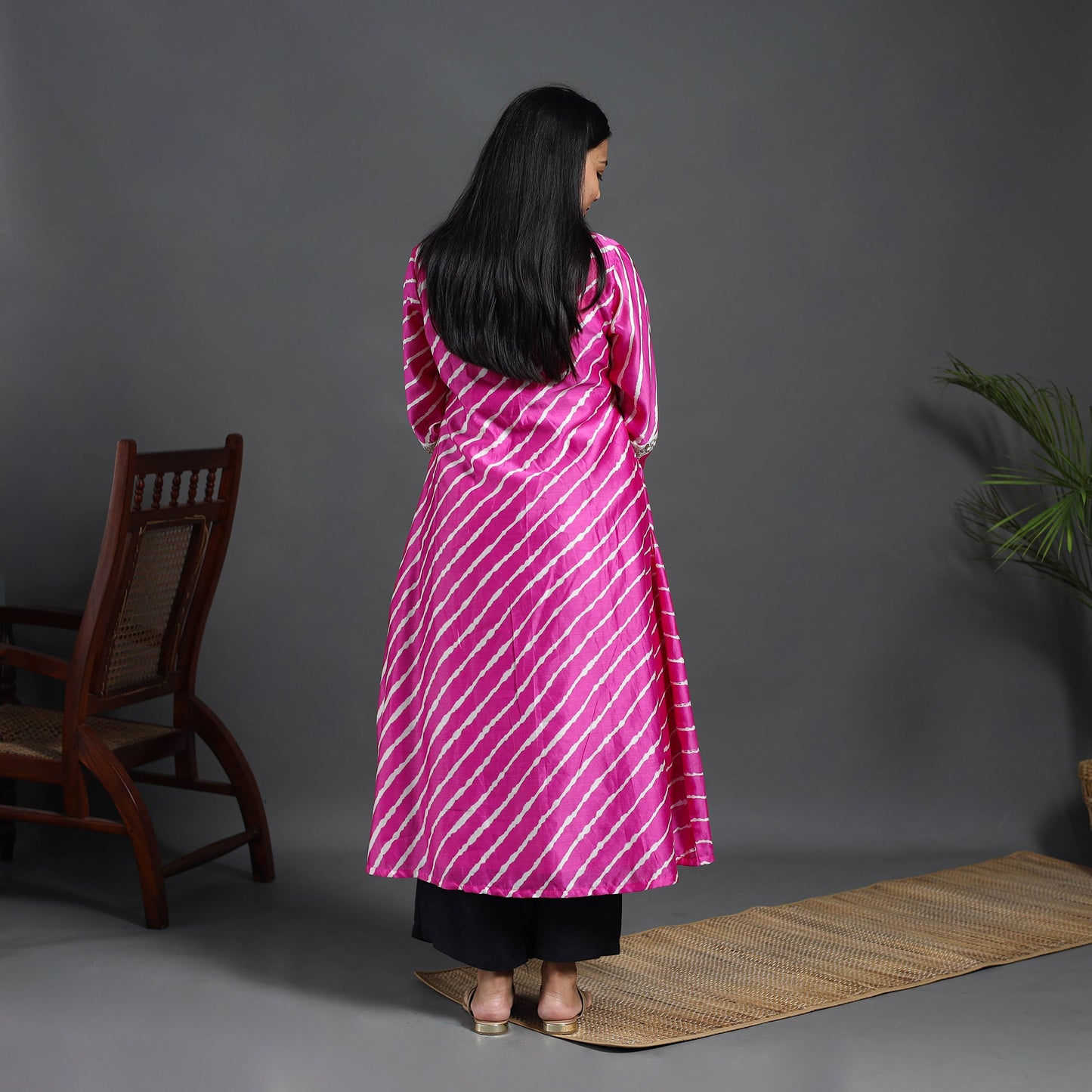 Pink Chanderi Silk A-Line Lacework Tie-Dye Leheriya Kurta for Women