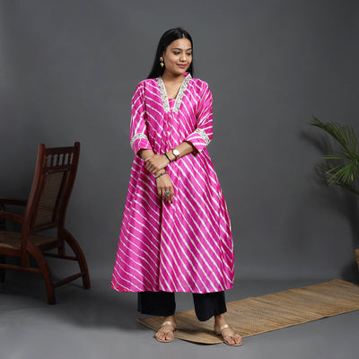 Pink Chanderi Silk A-Line Lacework Tie-Dye Leheriya Kurta for Women