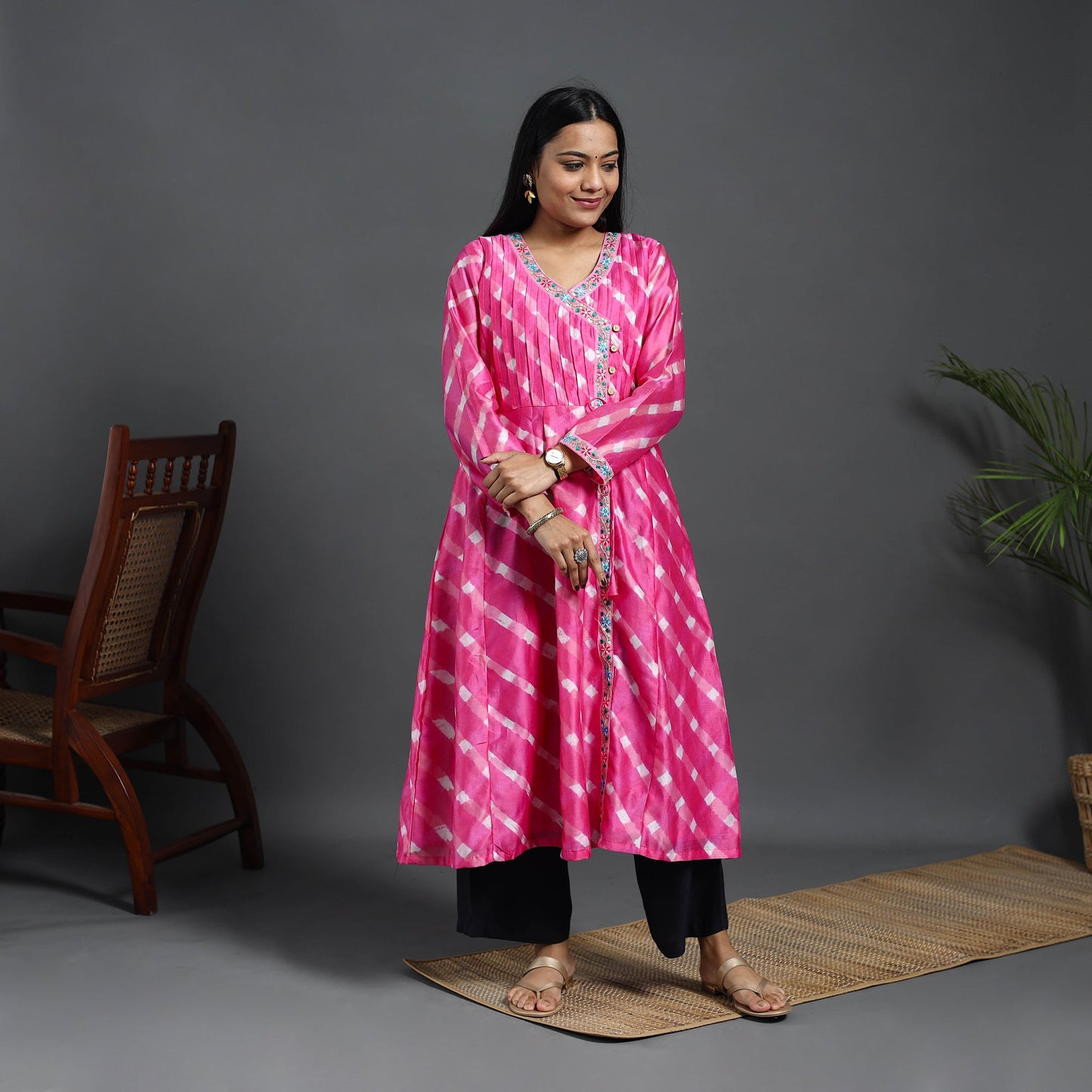 Pink - chanderi silk a-line lacework tie-dye leheriya kurta