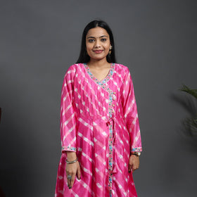 Pink - chanderi silk a-line lacework tie-dye leheriya kurta