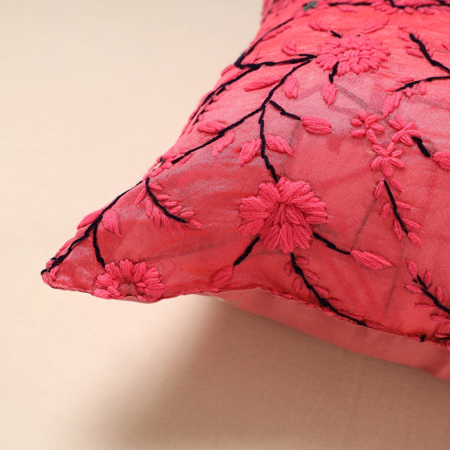 Pink Chanderi Silk Pink Phulkari Hand Embroidered Cushion Cover