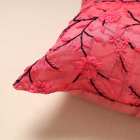 Pink Chanderi Silk Pink Phulkari Hand Embroidered Cushion Cover