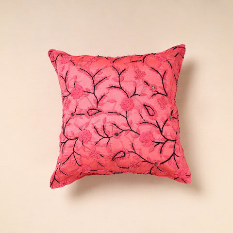 Pink Chanderi Silk Pink Phulkari Hand Embroidered Cushion Cover