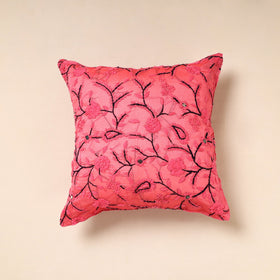 Pink Chanderi Silk Pink Phulkari Hand Embroidered Cushion Cover