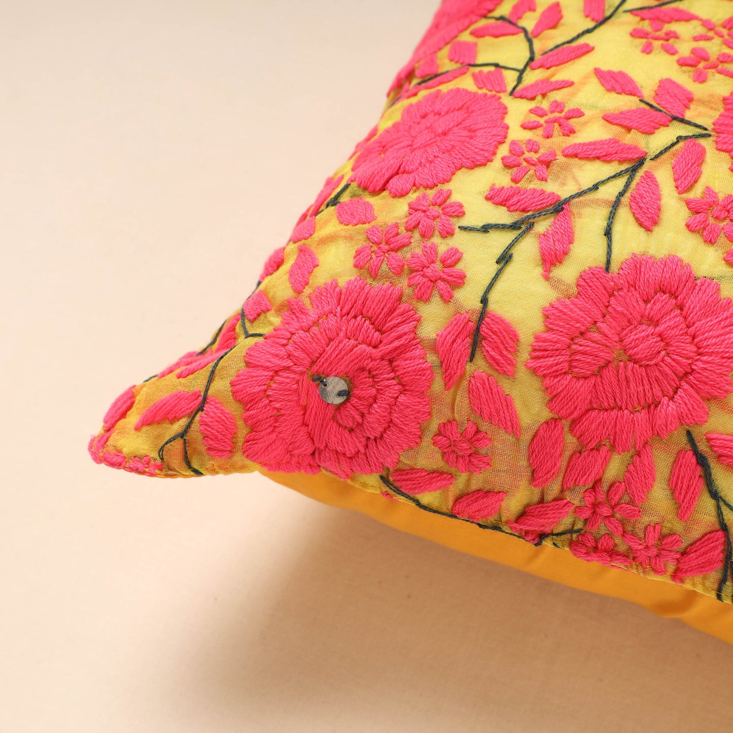 Pink Chanderi Silk Phulkari Hand Embroidered Cushion Cover