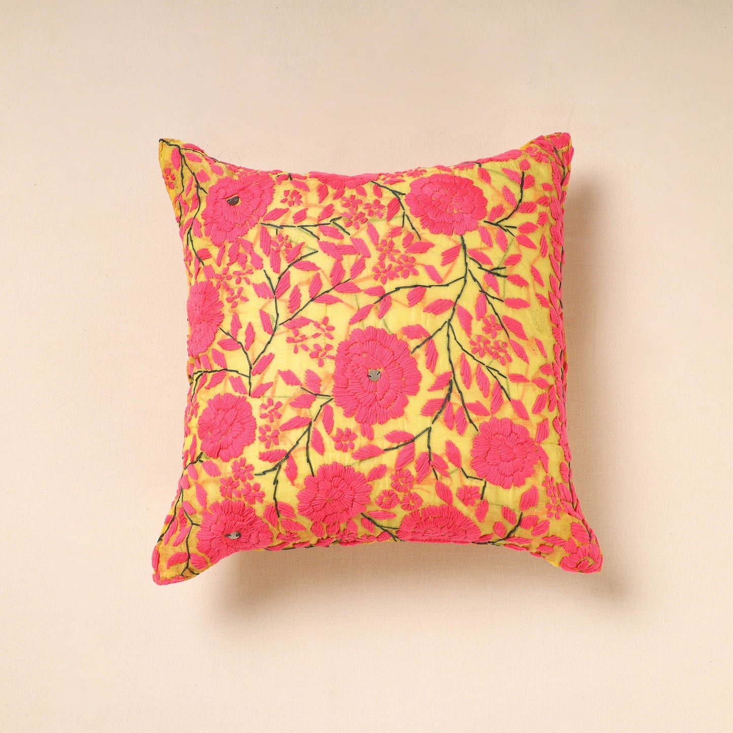Pink Chanderi Silk Phulkari Hand Embroidered Cushion Cover