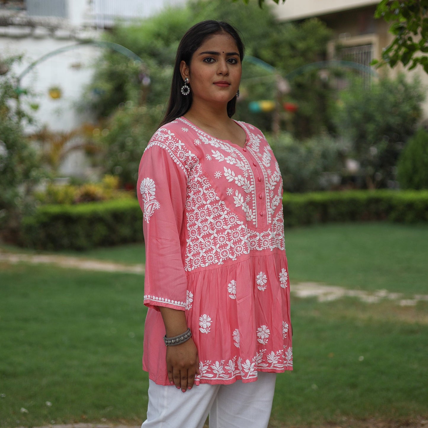 Chikankari Hand Embroidered Mul Cotton Short Kurta for Women